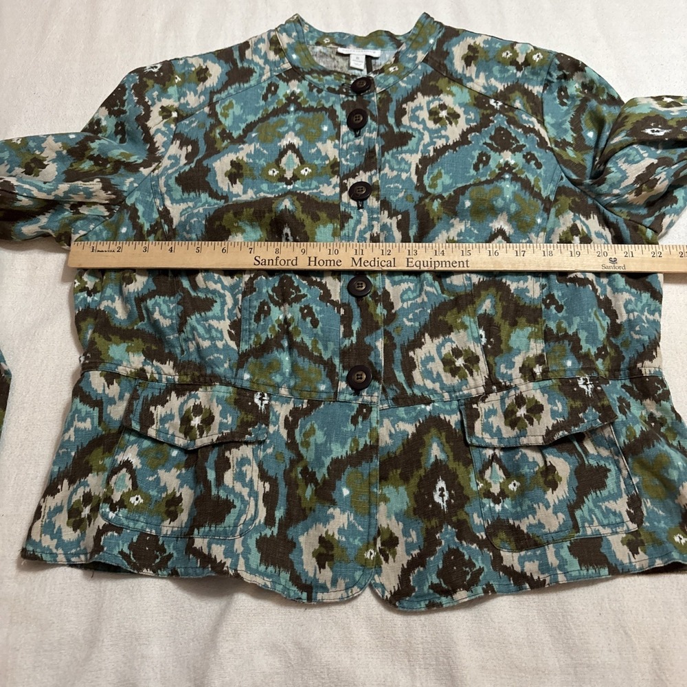 Charter Club Women's Brown Teal Ikat-style‎ Linen Suit Jacket Size XL Office - Picture 3 of 8